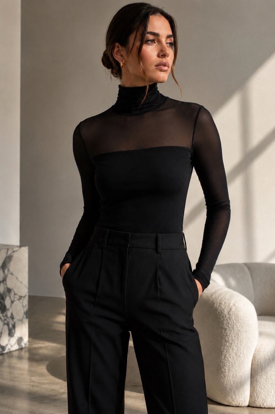 Marcella NYC Cara Top Black Sheer Turtleneck Long Sleeve Modern Minimalist NWT S